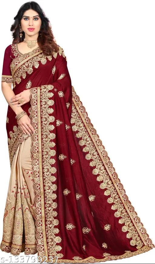 Half and half Cotton Blend Maroon Embroidered Saree with Blouse