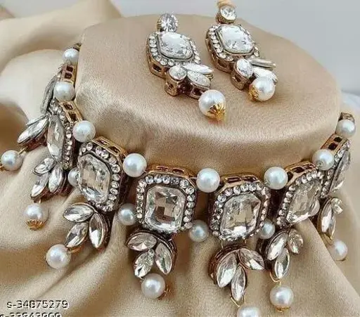 Stylish Latest Design Alloy Gold Tone Traditional Necklace & Earring Set For Women & Girls