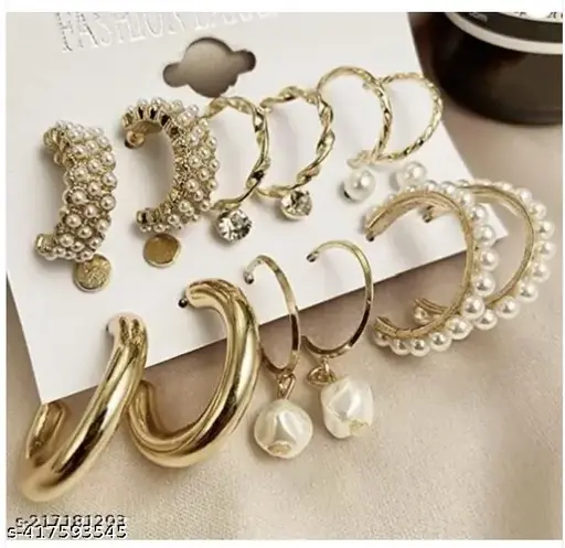 PolluxCraft Combo Of 9 Pair Stunning Gold Plated Pearl Hoop, Tiny and Studs Earrings for Women & Girls