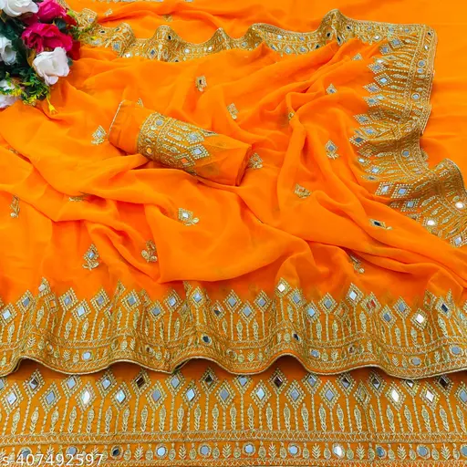 DISHA FASHION DURGA PUJA GEORGETTE BHALO MIRROR WEDDING,PARTY,FESTIVAL WEAR BOLLYWOOD SAREE.