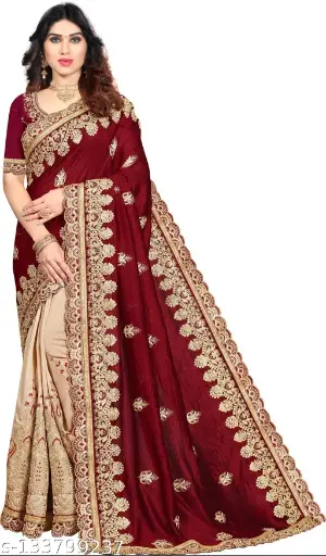 Half and half Cotton Blend Maroon Embroidered Saree with Blouse